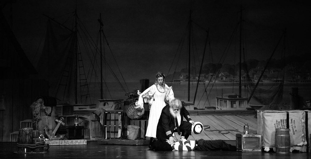 Nettie and Julie dramatic black and white harbor scene — Carousel