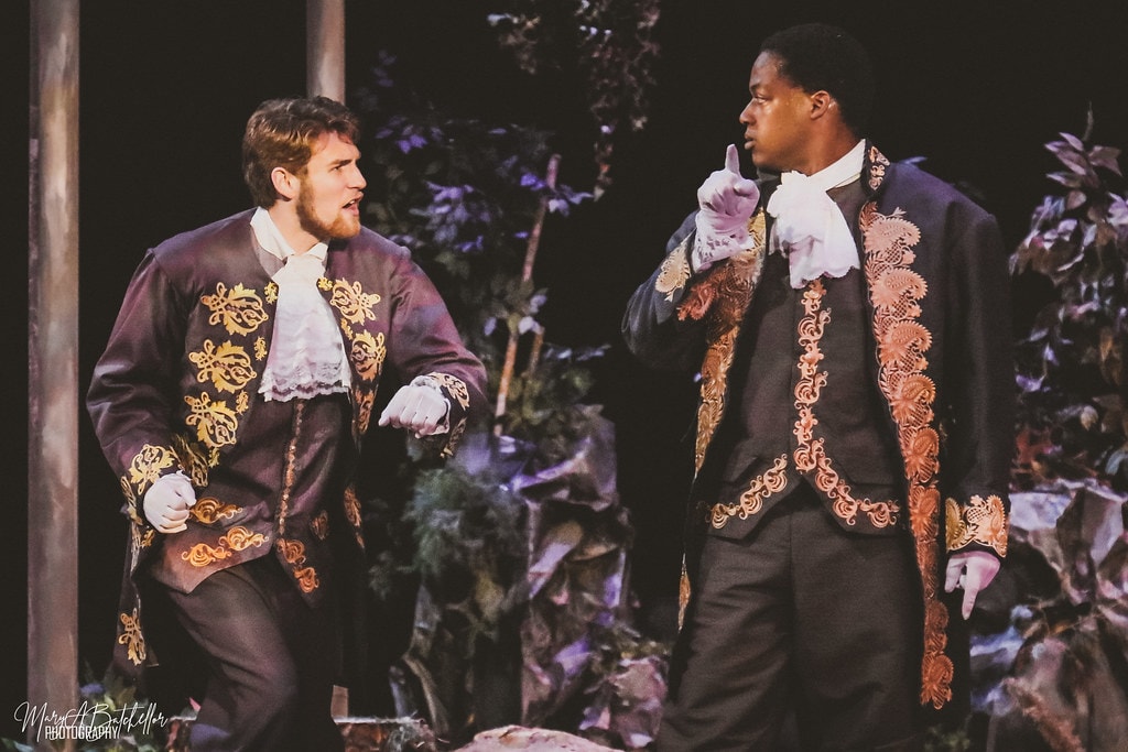 Into the Woods — Cinderella's Prince and Rapunzel's Prince face each other in the enchanted forest in their embroidered jackets