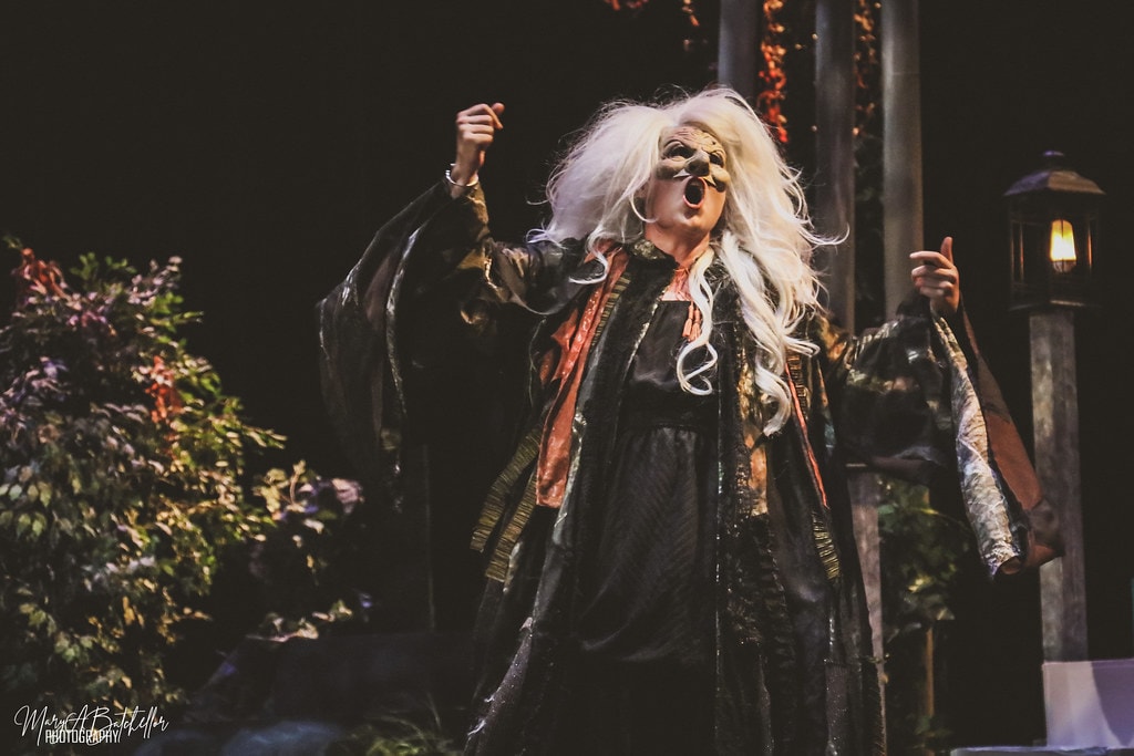 Into the Woods — the Witch, the Baker, Jack, Little Red Riding Hood, and the Baker's Wife face the Witch in the dark forest