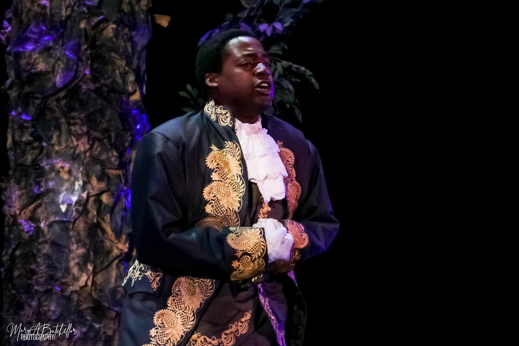 Into the Woods — Rapunzel's Prince in a gold-embroidered jacket sings a solo beside the enchanted forest tree