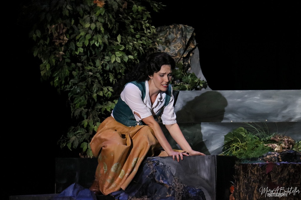 Into the Woods — the Baker's Wife in a green vest and tan skirt leans forward on a prop log in the ivy-covered forest set