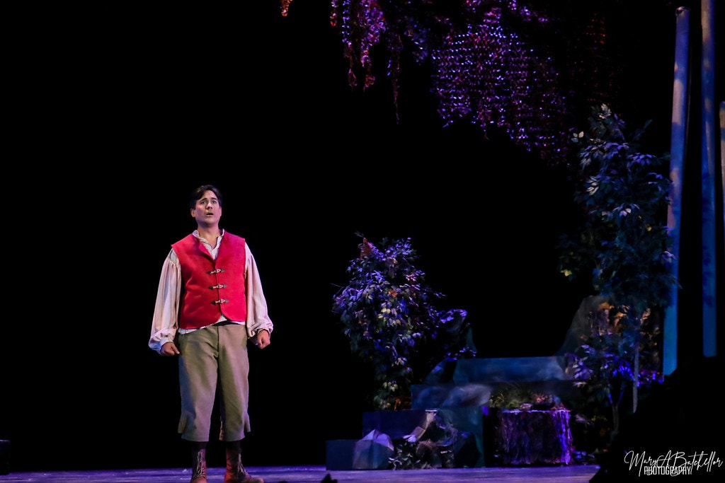 Into the Woods — the Baker in a red vest sings a solo in the dark enchanted forest
