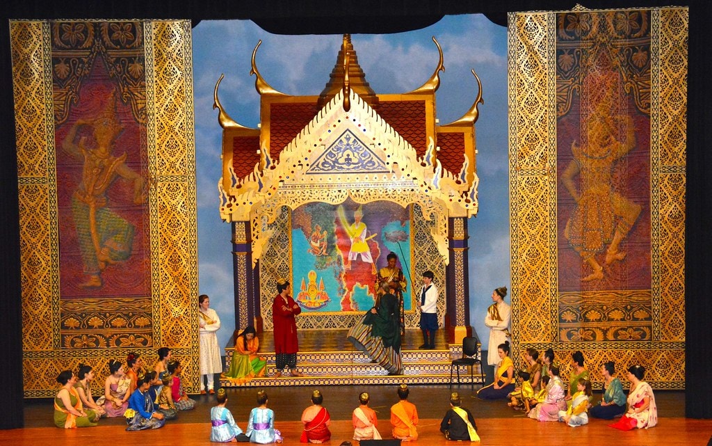 The King & I — the full ensemble gathered before the golden temple set with the King and Anna at center stage