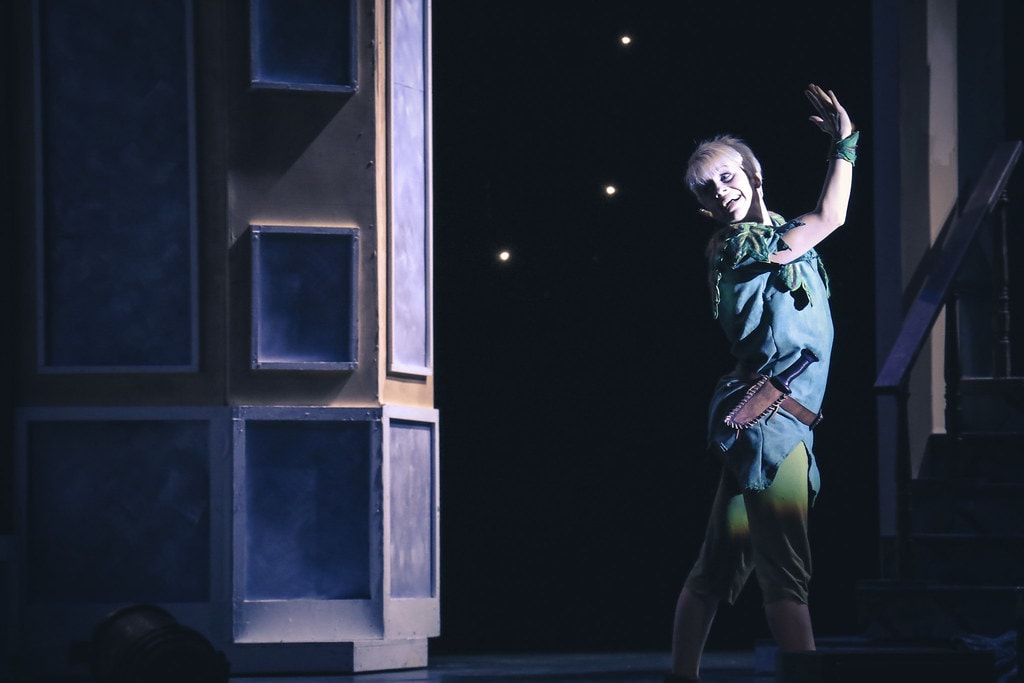 Peter Pan — Peter Pan in his green costume raises one hand beside the blue nursery door set