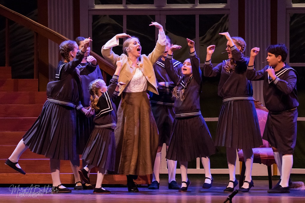 The Sound of Music — Maria and all seven von Trapp children with arms raised