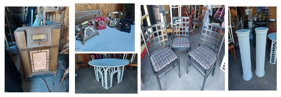 RSM props and set pieces — vintage furniture, telephones, chairs, and columns